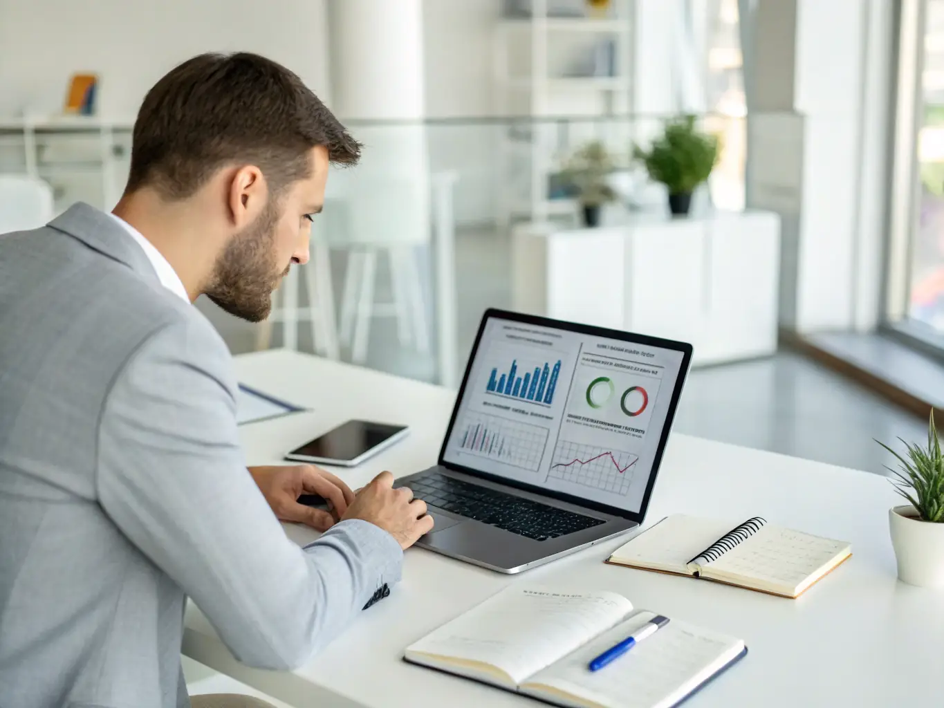 A clean, organized home office setup with a consultant reviewing project details on a tablet, highlighting efficiency and attention to detail.