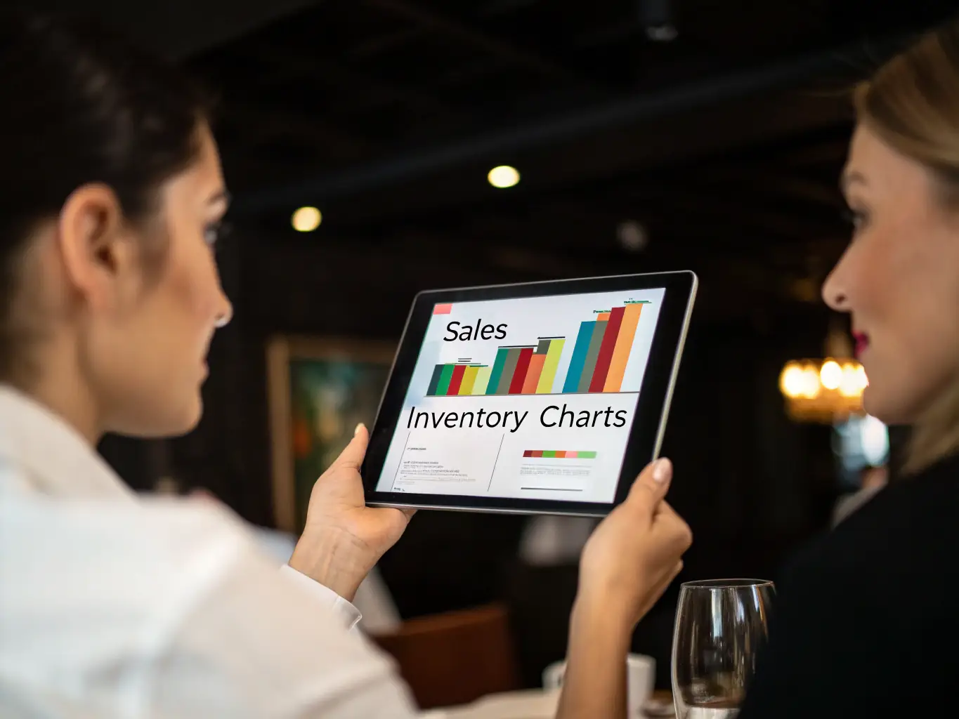A close-up shot of a restaurant manager using a tablet to review customer feedback and analytics, illustrating improved customer satisfaction and personalized service.
