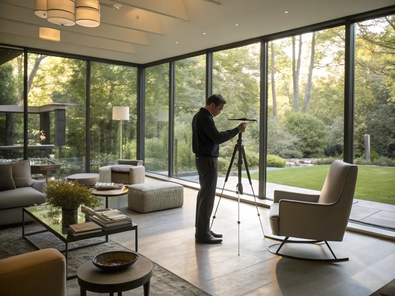 A modern, minimalist living room with a consultant discussing home improvement plans with a homeowner, emphasizing a collaborative and professional atmosphere.