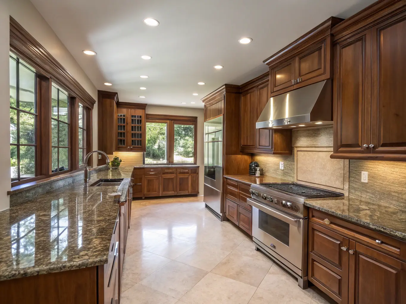 A beautifully renovated kitchen with a consultant inspecting the finished work, showcasing quality craftsmanship and customer satisfaction.