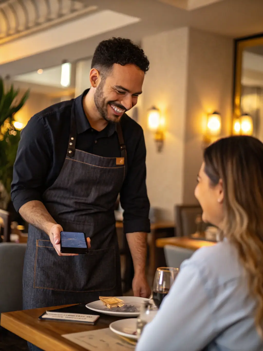 A restaurant employee discreetly tagging a VIP guest in the system, ensuring personalized service and a memorable dining experience.