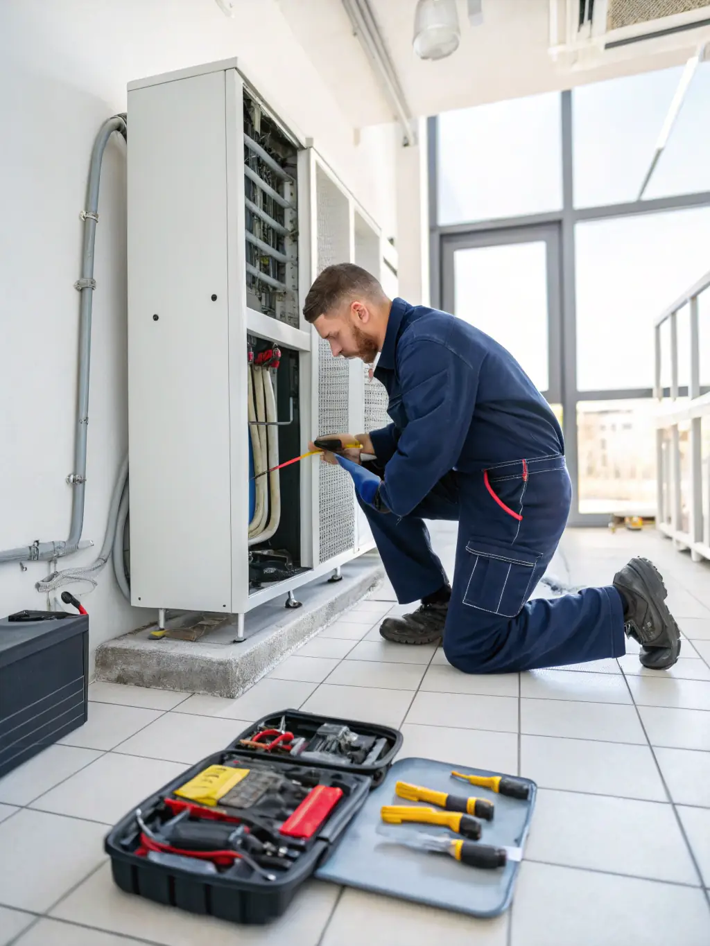 A home maintenance technician performing routine maintenance on an HVAC system, ensuring optimal performance and energy efficiency.