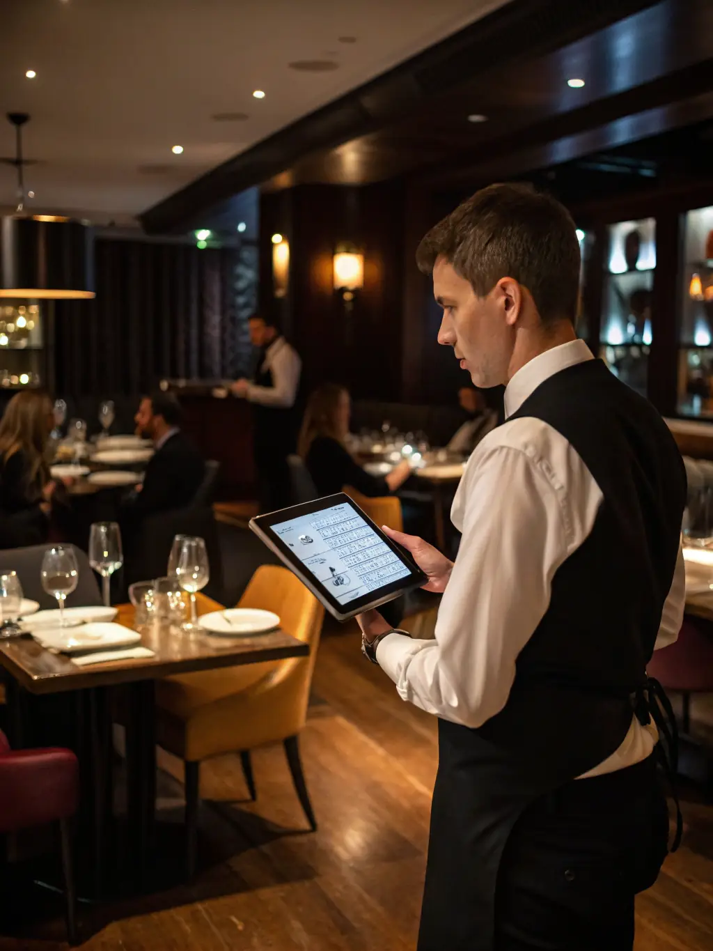 A sophisticated AI answering service taking a reservation for a high-end restaurant, ensuring no call goes unanswered and every customer feels valued.